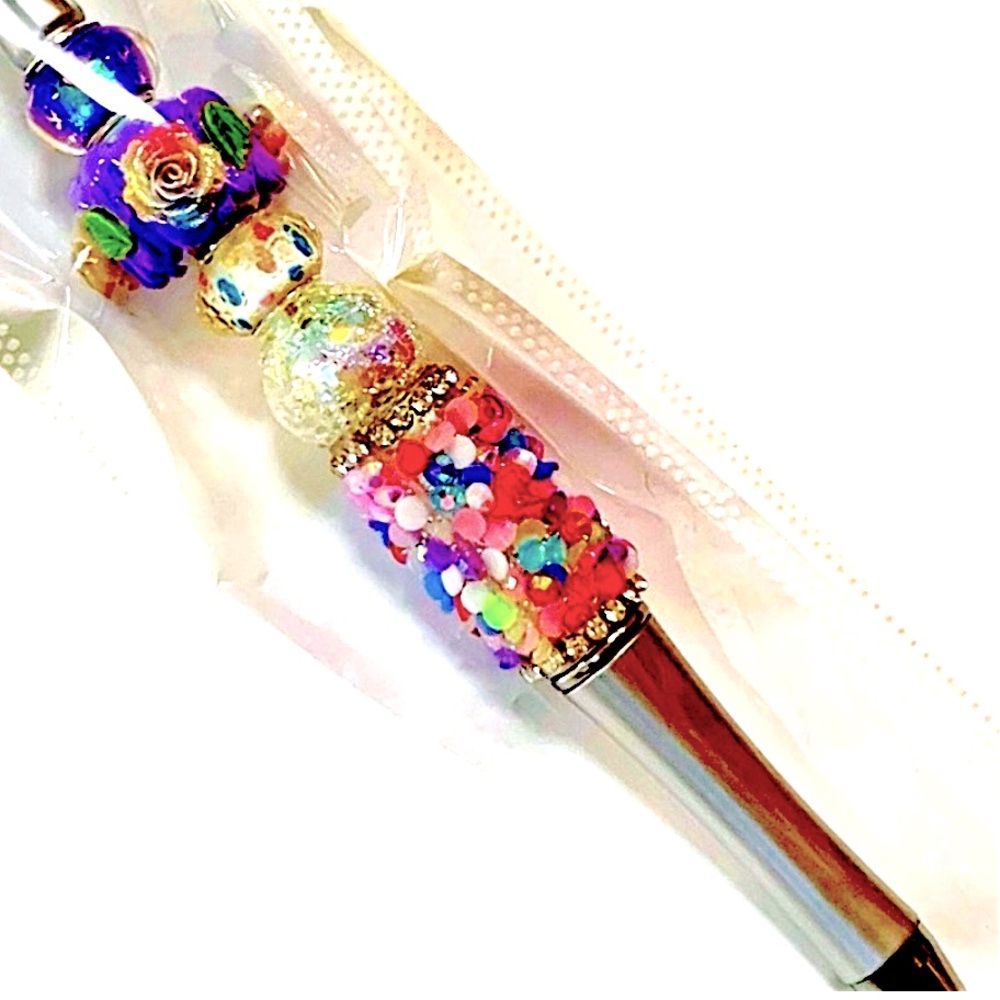 Beaded Pen Colorful Floral Themed with Purple, Pink, Red, & Silver Accents - Picture 4 of 4